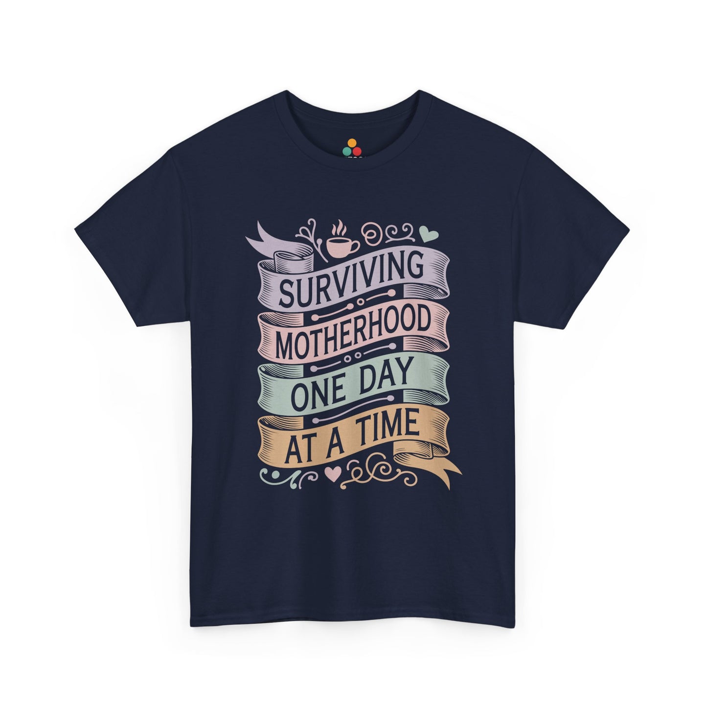 TEEZOCA navy "Surviving Motherhood One Day At A Time" funny motherhood graphic tee displayed flat.