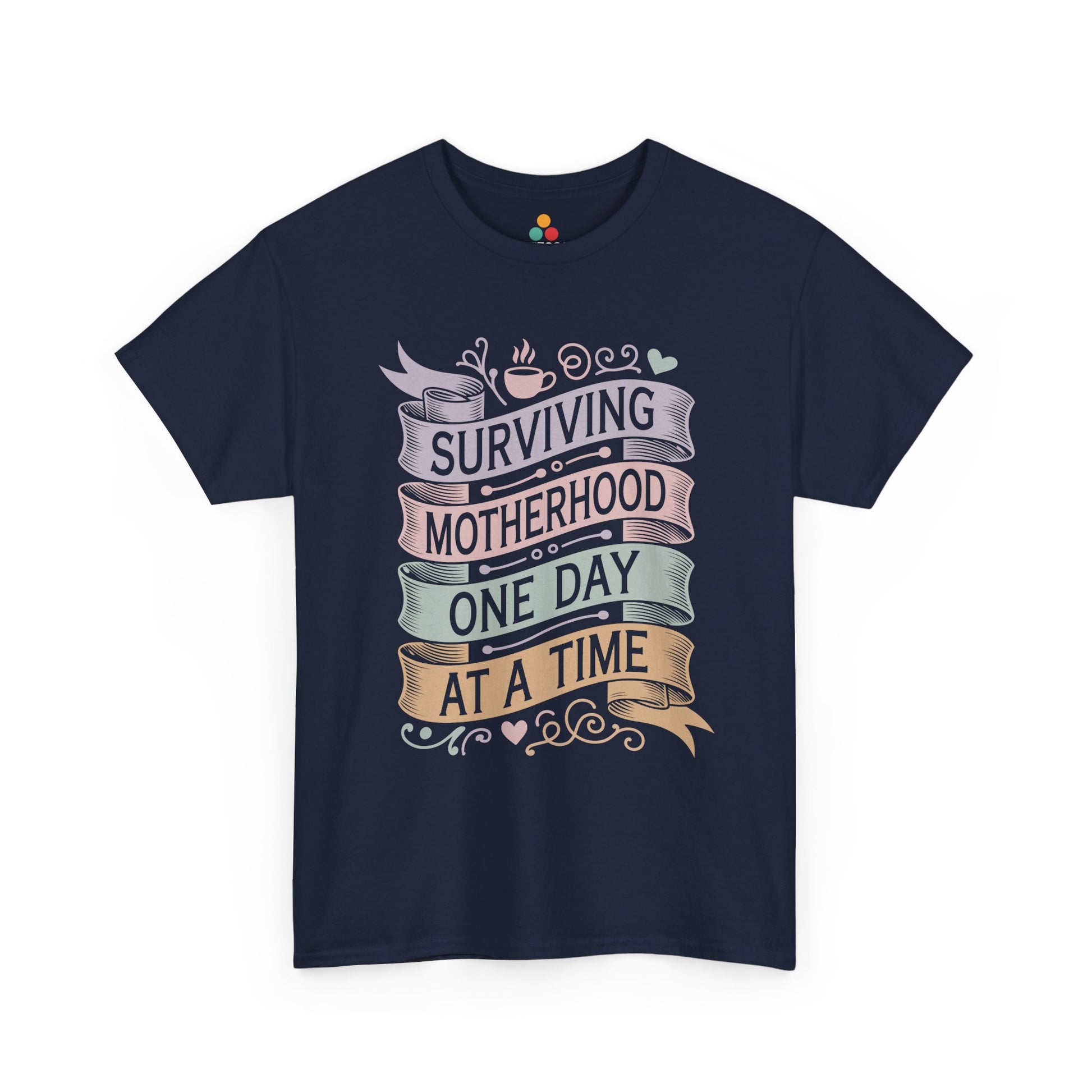 TEEZOCA navy "Surviving Motherhood One Day At A Time" funny motherhood graphic tee displayed flat.