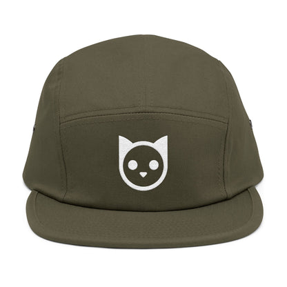 Green cap with a white cat icon on a white background. Minimal embroidered cat icon design on 5-panel cap. TEEZOCA