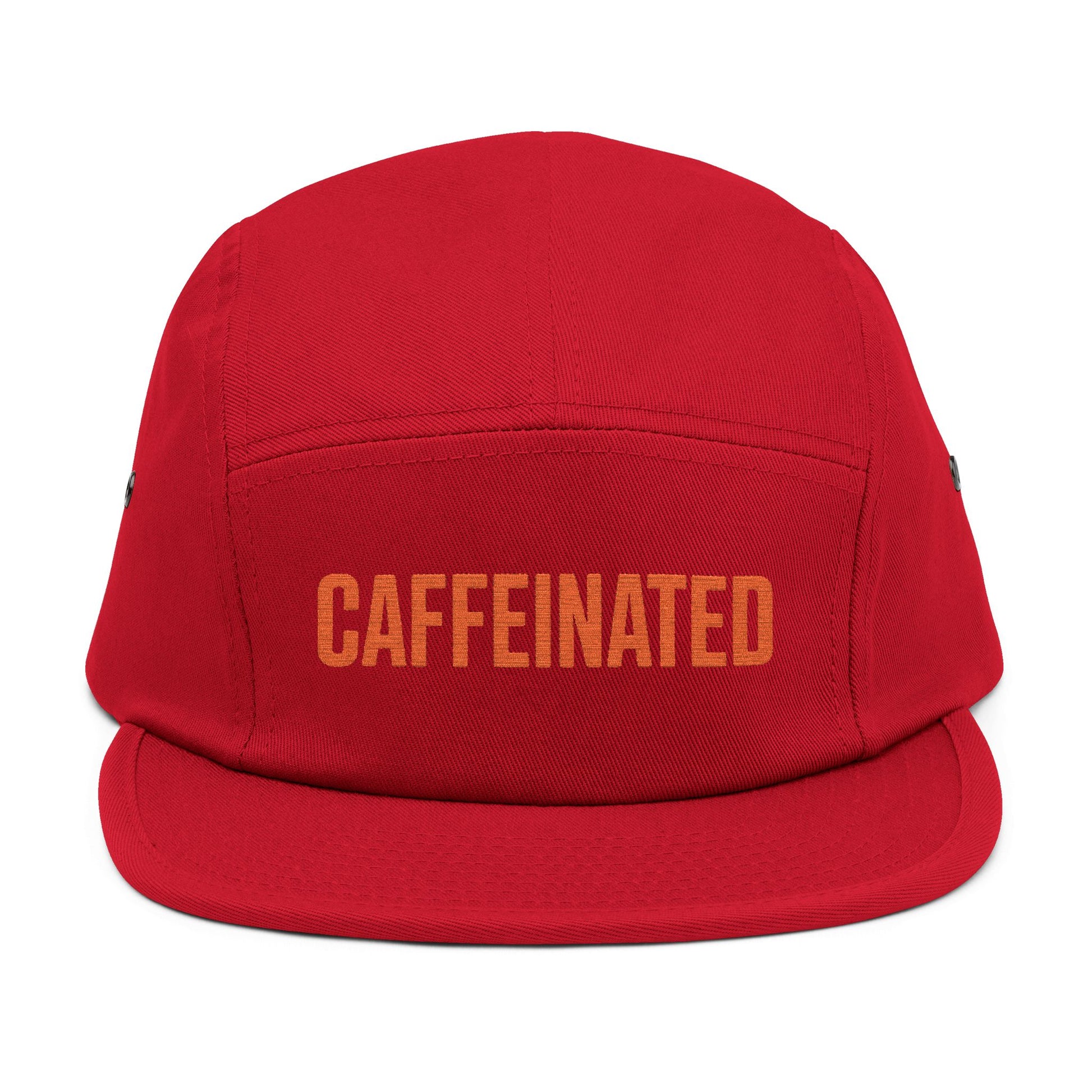 Red cap with 'CAFFEINATED' text on a white background. Minimal text design reading CAFFEINATED in block letters. TEEZOCA