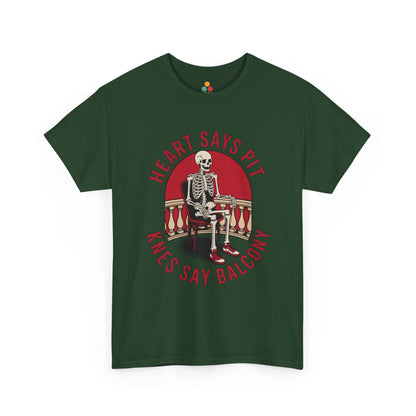 Green t-shirt mockup with skeleton chair red circle “Heart Says Pit Knees Say Balcony” design, front print.