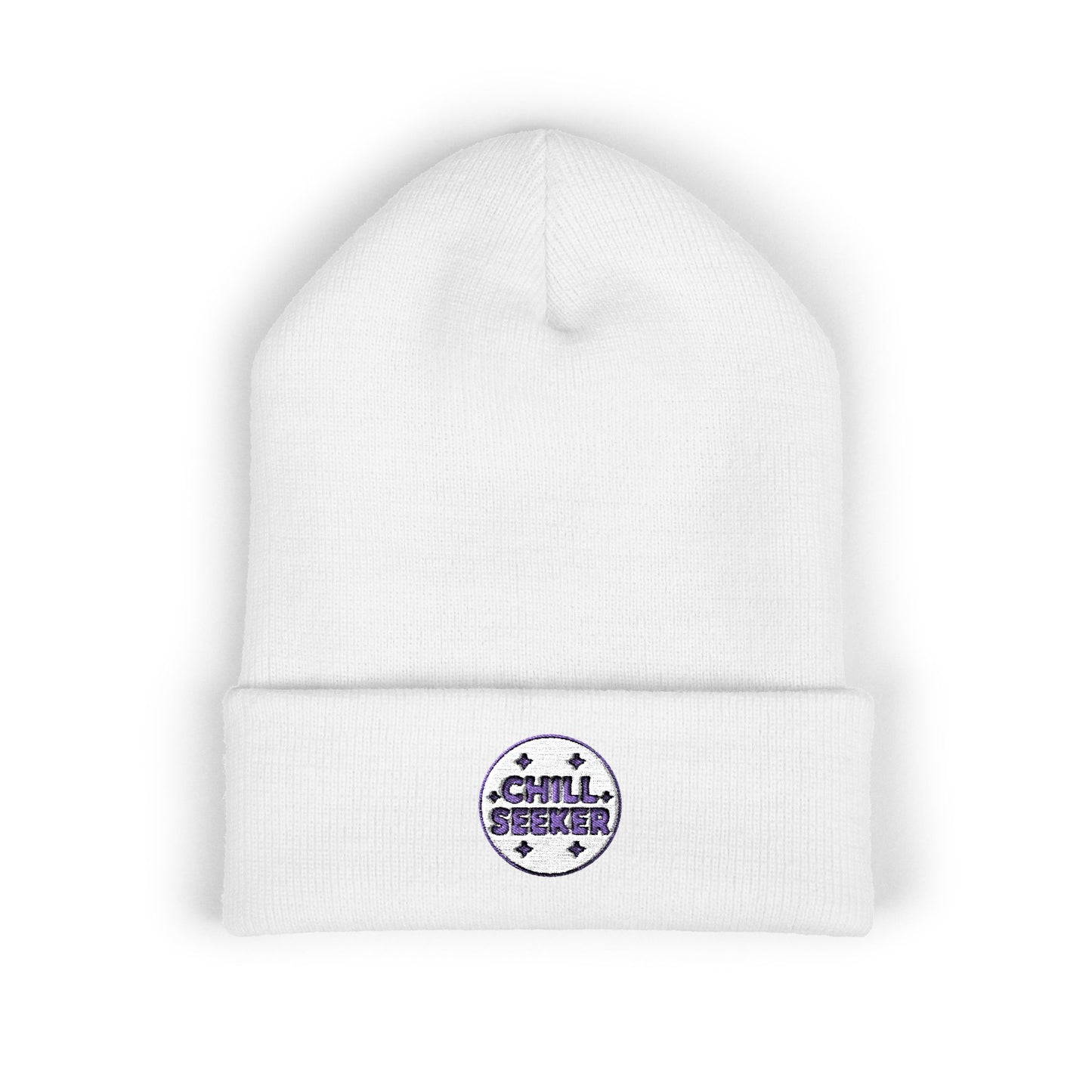 White beanie with 'Chill Seeker' logo on a white background