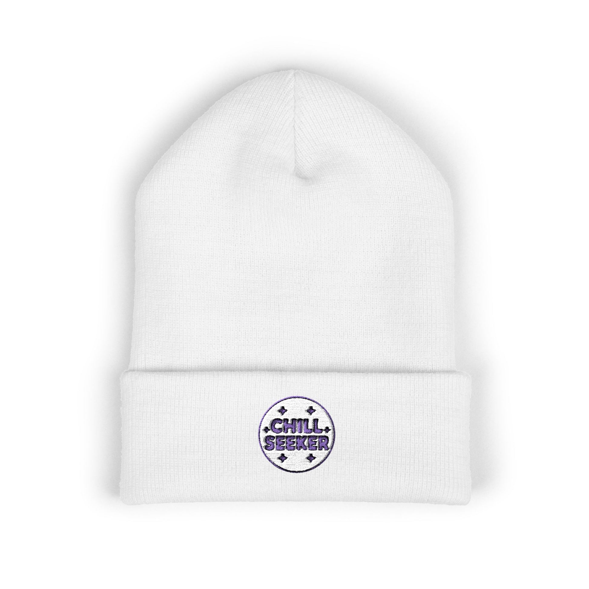 White beanie with 'Chill Seeker' logo on a white background