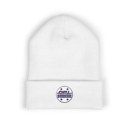 White beanie with 'Chill Seeker' logo on a white background