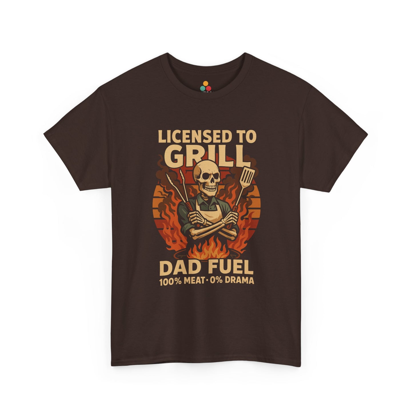 "Brown  Licensed to Grill – Dad Fuel' shirts with skeleton grillmaster design, flat front view."

