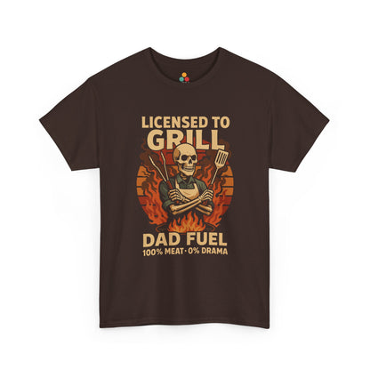 "Brown  Licensed to Grill – Dad Fuel' shirts with skeleton grillmaster design, flat front view."

