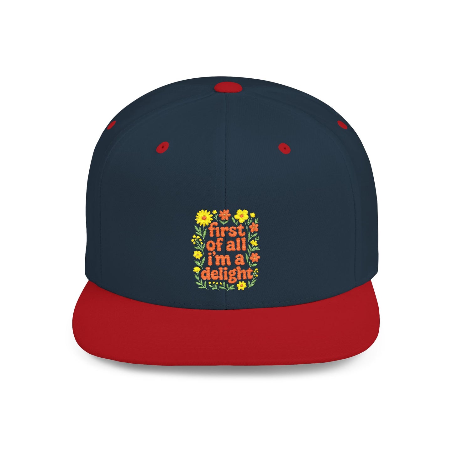 Navy and red cap with colorful floral design and text on a white background