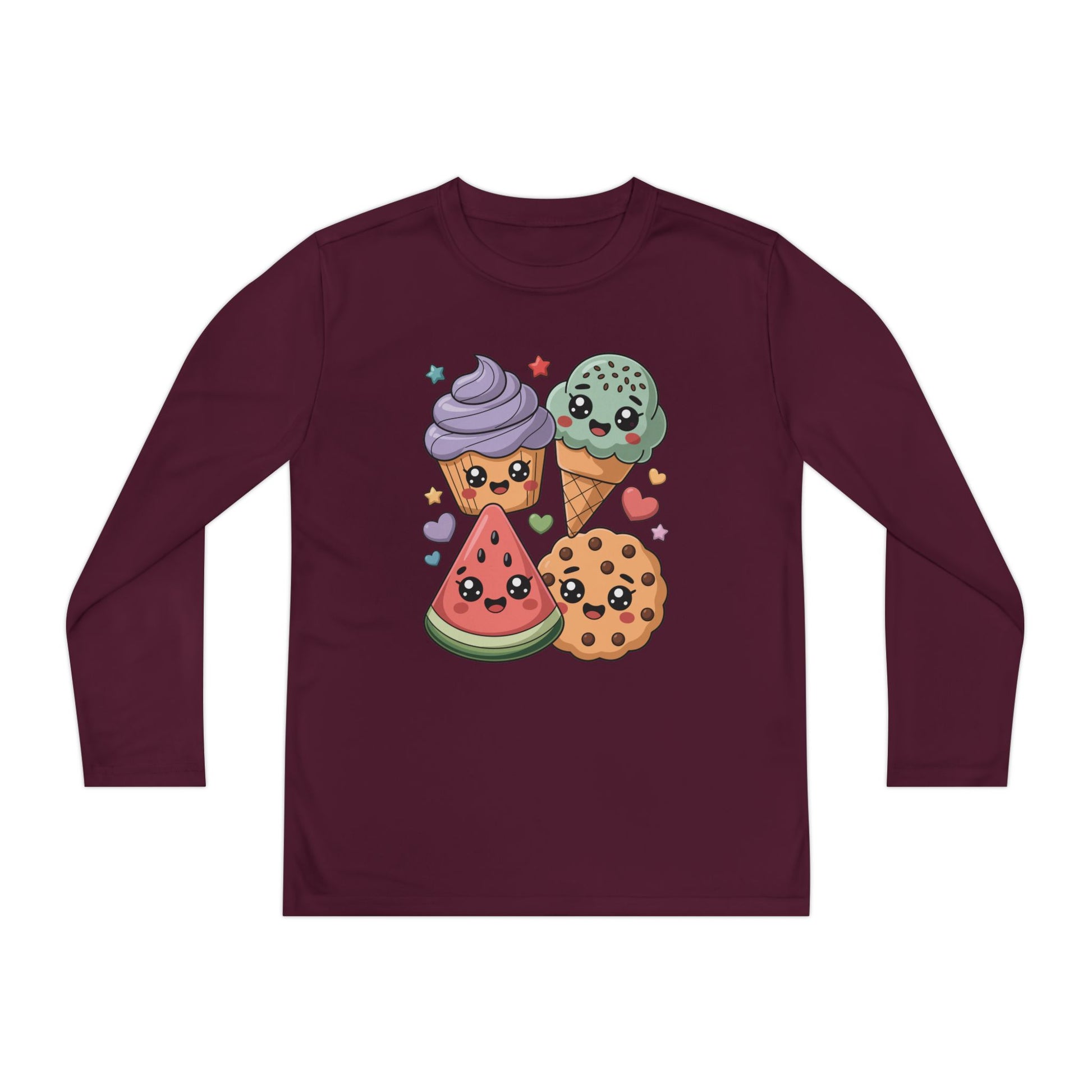 Kids Long Sleeve Tee — Cute Kawaii Snacks: Ice Cream, Cookie & Watermelon Design TEEZOCA