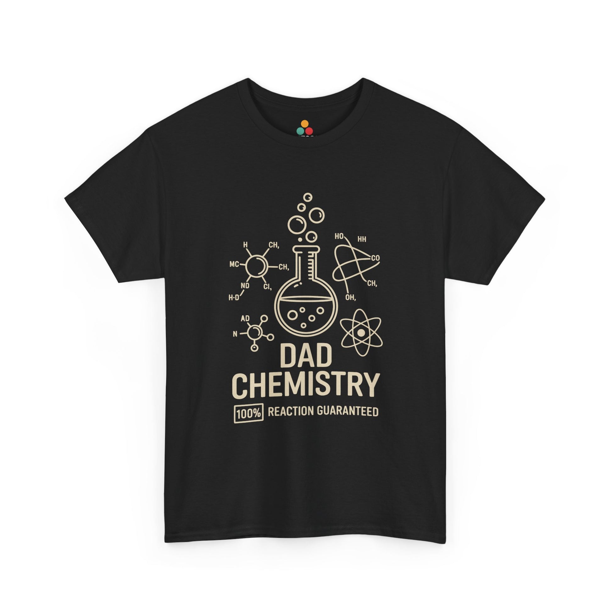 TEEZOCA black “Dad Chemistry 100% Reaction Guaranteed” science graphic T‑shirt shown flat.