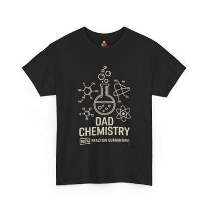TEEZOCA black “Dad Chemistry 100% Reaction Guaranteed” science graphic T‑shirt shown flat.
