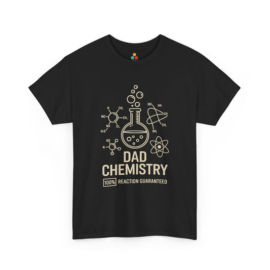 TEEZOCA black “Dad Chemistry 100% Reaction Guaranteed” science graphic T‑shirt shown flat.