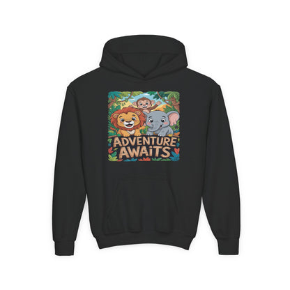 Kids hoodie with cute jungle animals and Adventure Awaits text TEEZOCA