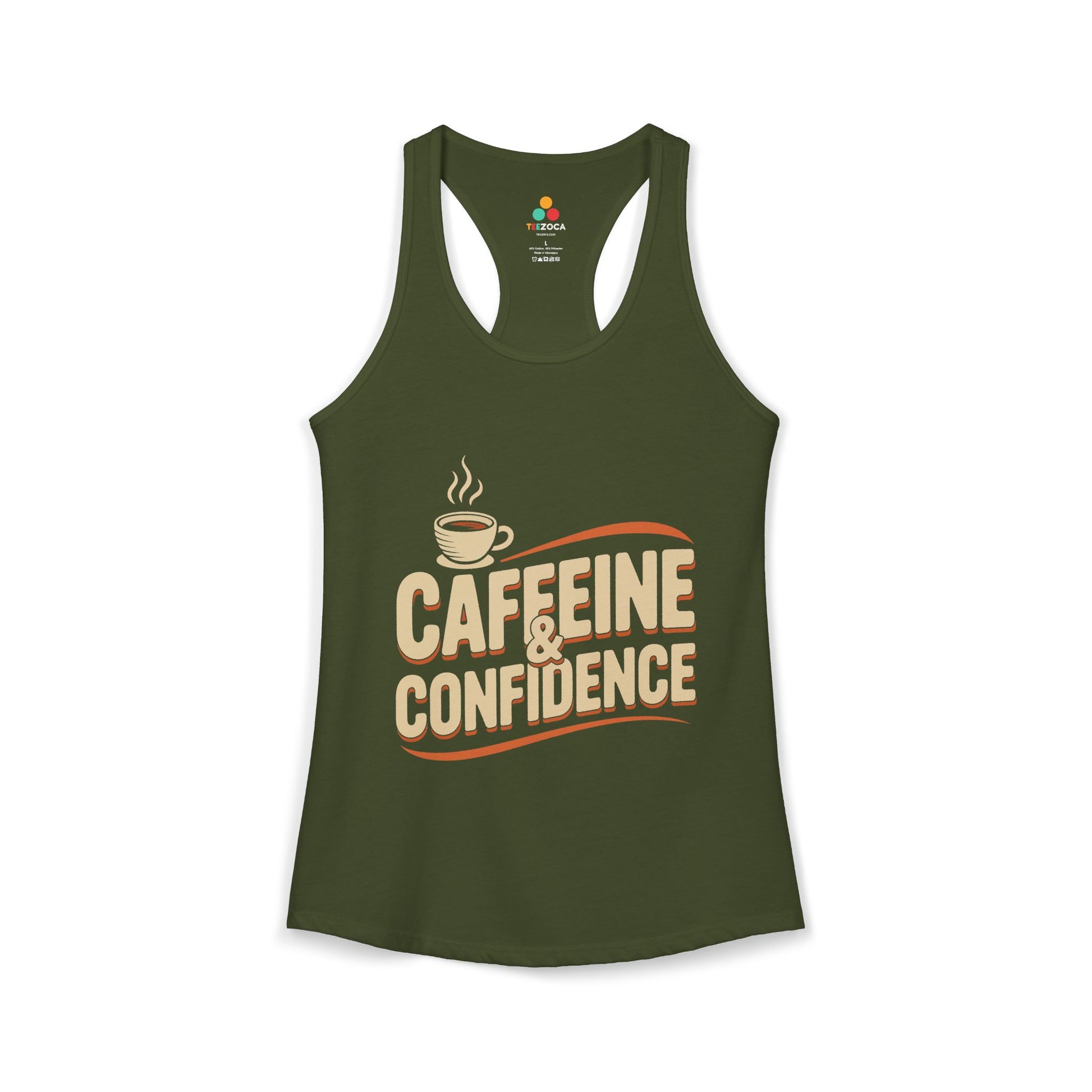 Green tank top with 'Caffeine & Confidence' text and coffee cup graphic on a white background. TEEZOCA women’s coffee tank top with “Caffeine & Confidence” typography and coffee cup design