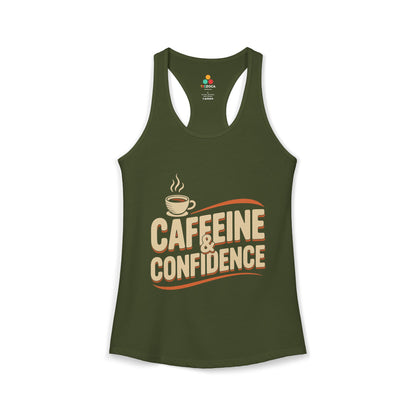 Green tank top with 'Caffeine & Confidence' text and coffee cup graphic on a white background. TEEZOCA women’s coffee tank top with “Caffeine & Confidence” typography and coffee cup design
