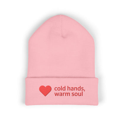Cute minimalist beanie with red heart and embroidered cold hands warm soul text