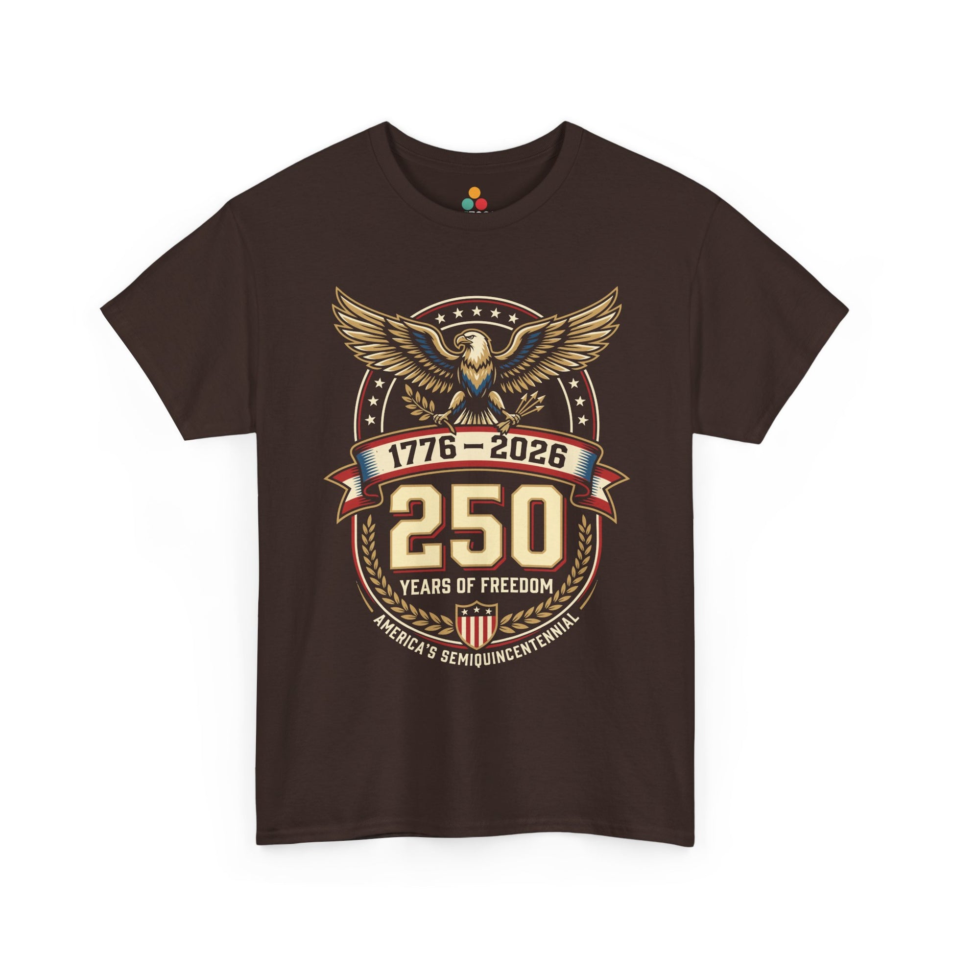 1776 2026 250 Years of Freedom Semiquincentennial dark chocolate brown T-Shirt — Patriotic Vintage America 250th Anniversary Tee | TEEZOCA 