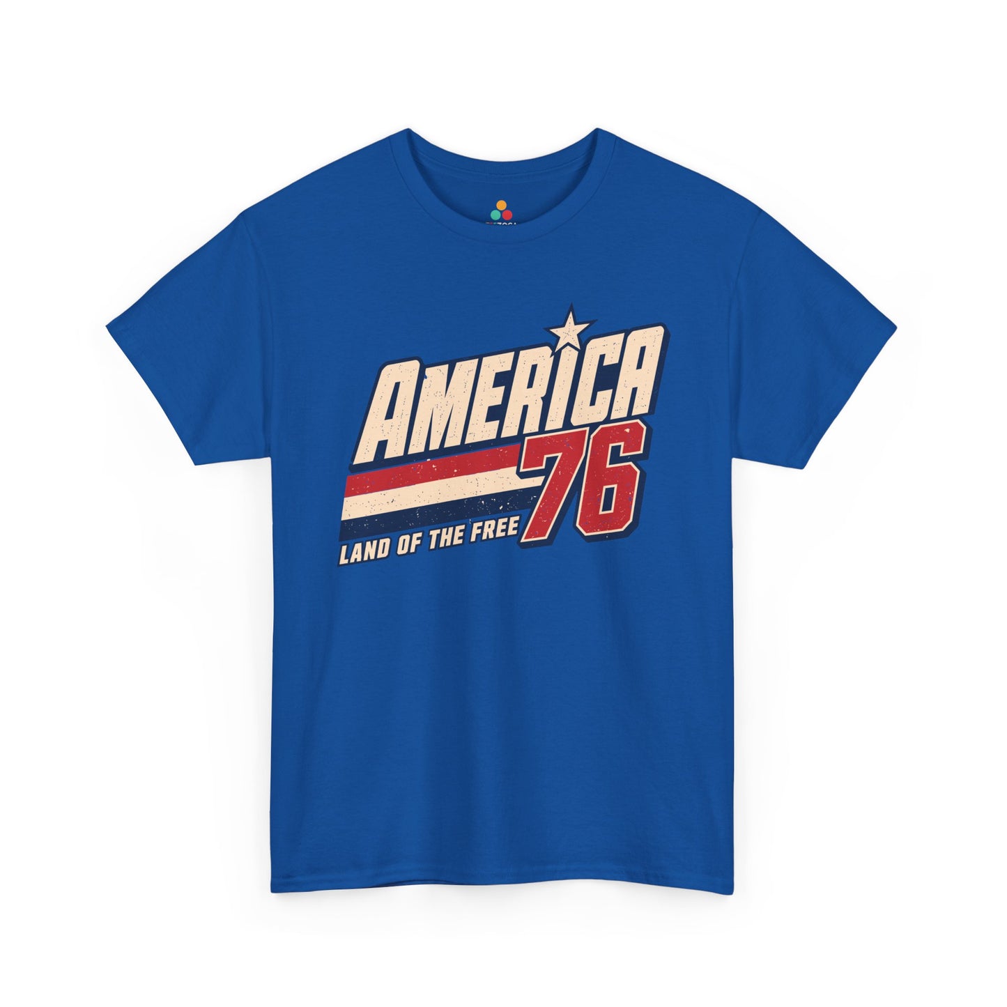 1776 Shirt Retro America 76 Land of the Free Vintage T-shirt | TEEZOCA 1776 shirt T-shirt featuring bold America 76 varsity graphics, cream lettering, red number design, and vintage patriotic texture.
