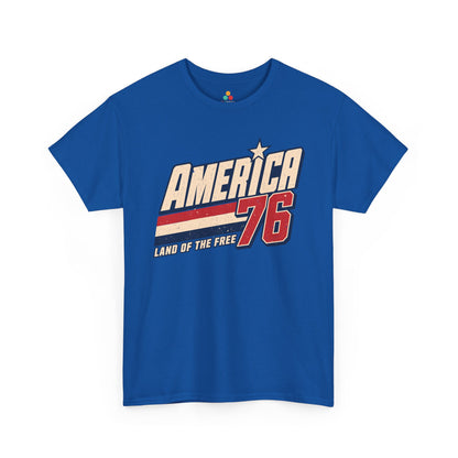 1776 Shirt Retro America 76 Land of the Free Vintage T-shirt | TEEZOCA 1776 shirt T-shirt featuring bold America 76 varsity graphics, cream lettering, red number design, and vintage patriotic texture.
