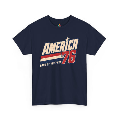 1776 Shirt Retro America 76 Land of the Free Vintage T-shirt | TEEZOCA 1776 shirt T-shirt with retro America 76 jersey lettering, Land of the Free text, star accent, and distressed red navy style.
