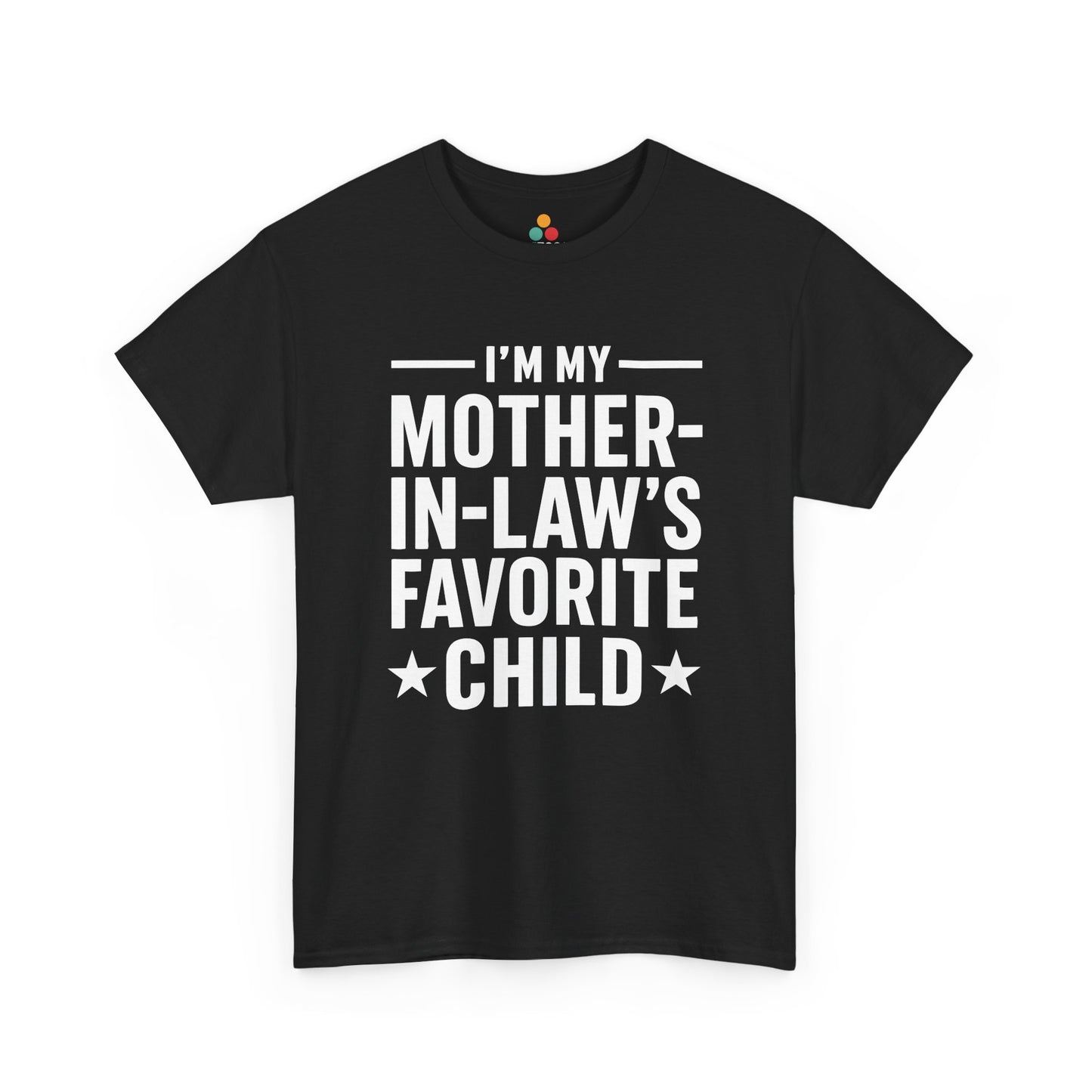  Black unisex t‑shirt with large white “I’m My Mother‑In‑Law’s Favorite Child” text and stars, flat front view.