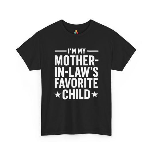  Black unisex t‑shirt with large white “I’m My Mother‑In‑Law’s Favorite Child” text and stars, flat front view.
