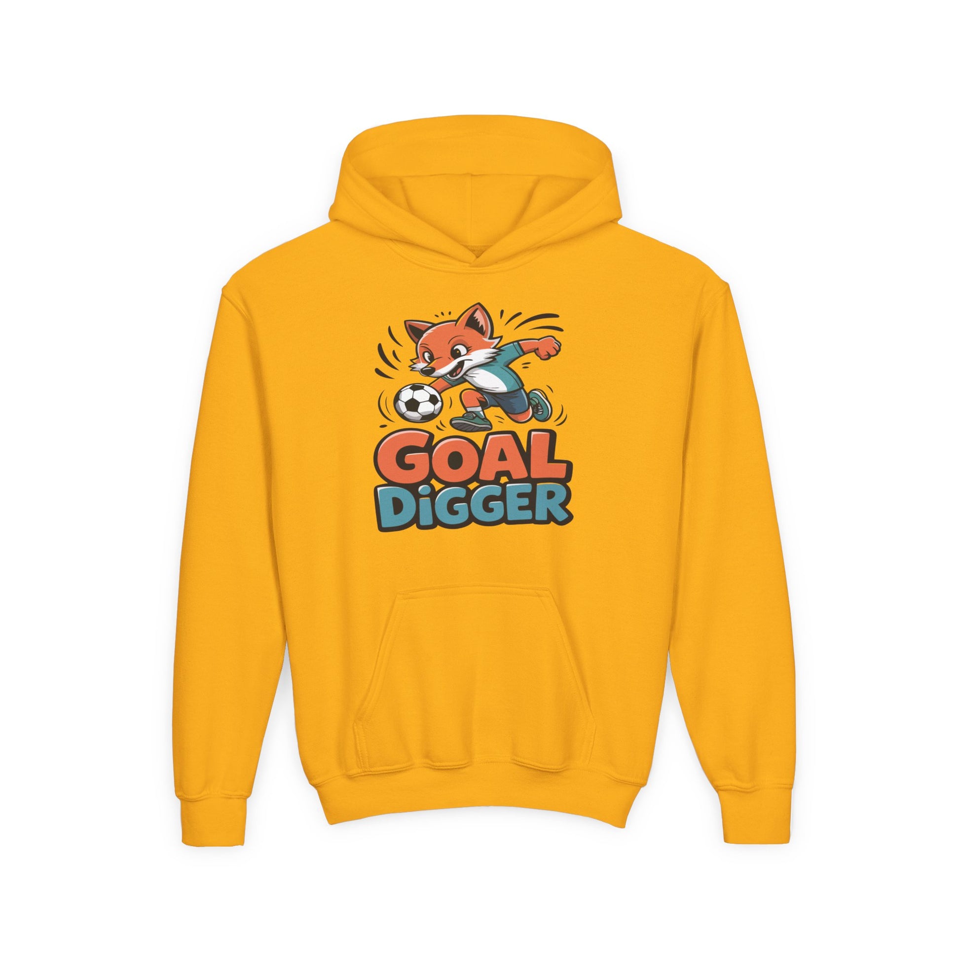 Kids hoodie featuring a cute fox playing soccer with “Goal Digger” text TEEZOCA