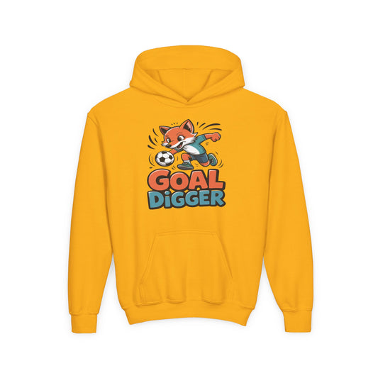 Kids hoodie featuring a cute fox playing soccer with “Goal Digger” text TEEZOCA