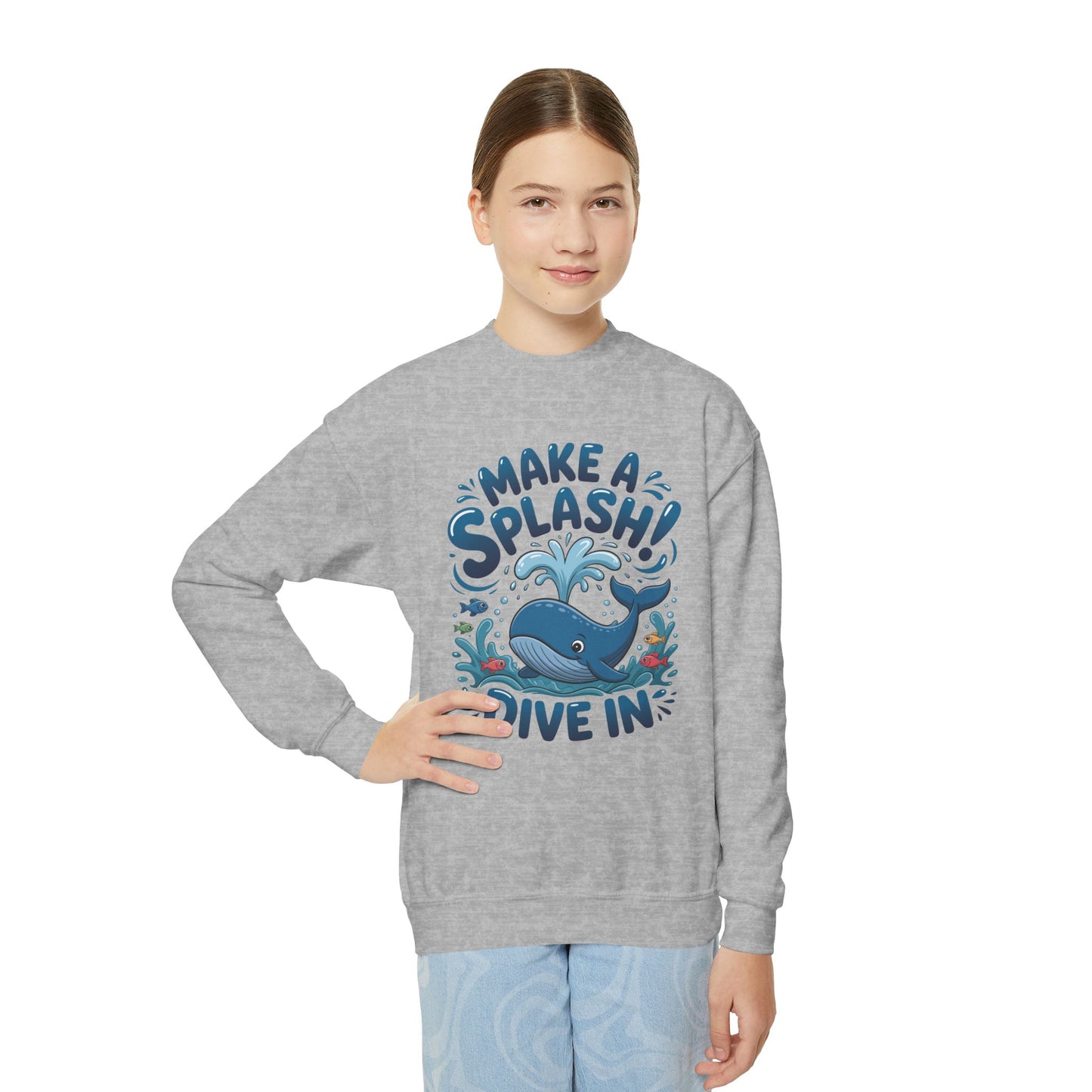 Youth Crewneck Sweatshirt - "Make a Splash! Dive In" Whale Graphic TEEZOCA