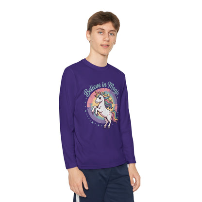 Youth Long Sleeve Tee – "Believe in Magic" Rainbow Unicorn Graphic TEEZOCA