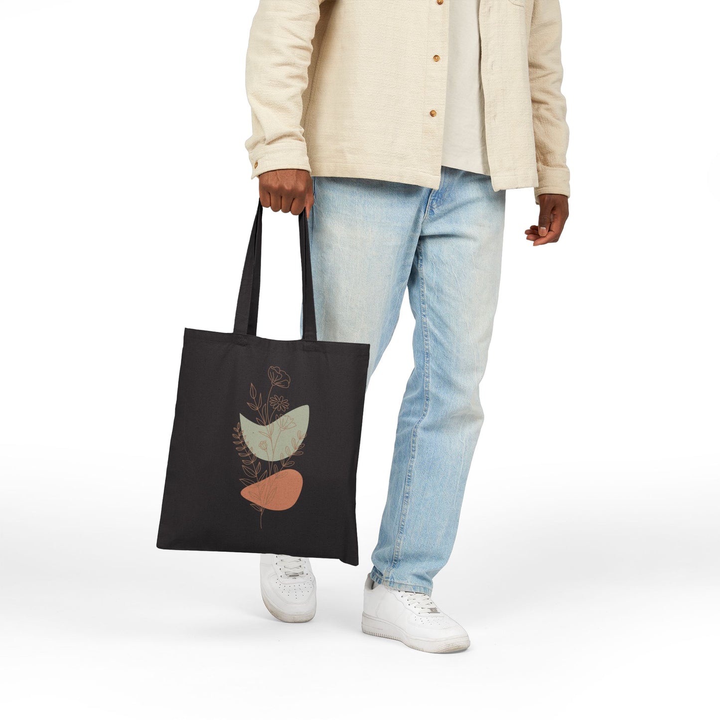 Minimalist botanical illustration with earthy abstract shapes on a TEEZOCA tote bag