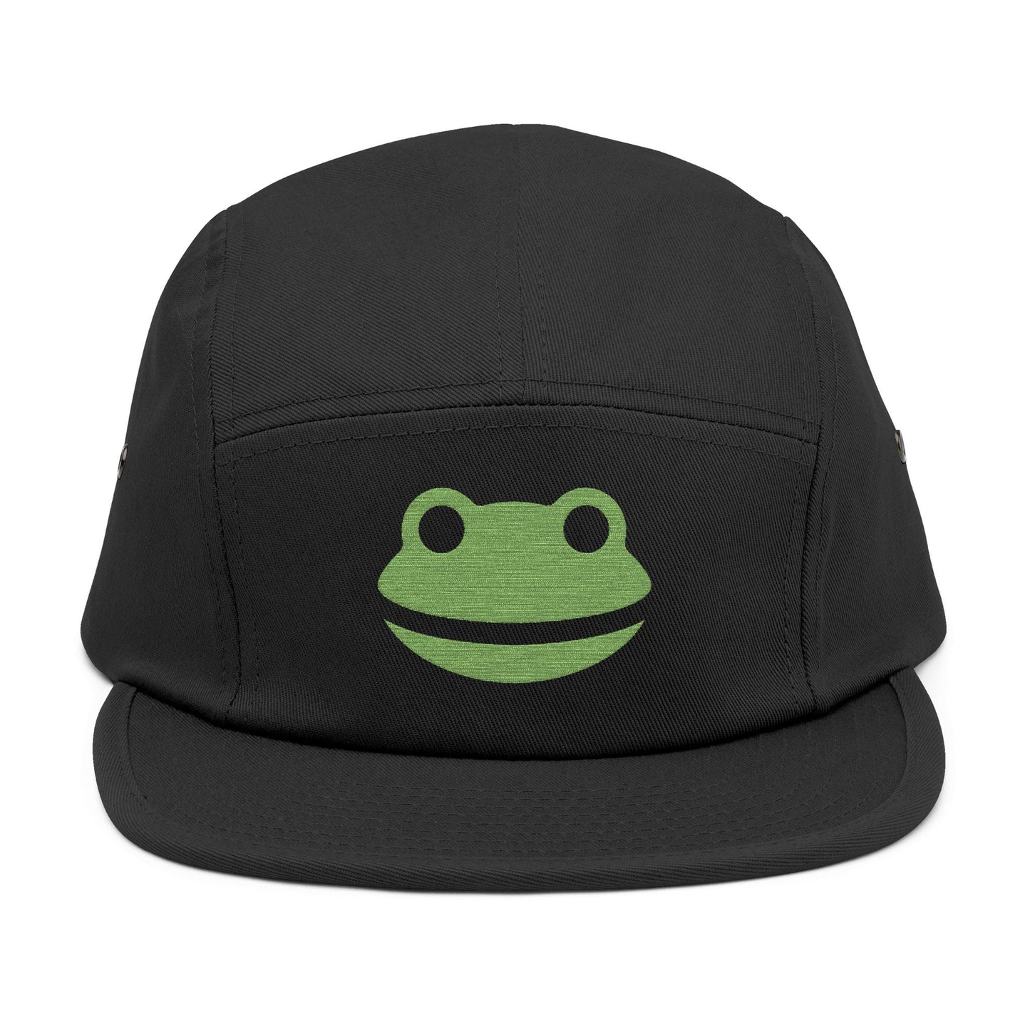Black cap with a green frog logo on a white background. Minimalist frog face embroidery design with wide smile and round eyes. TEEZOCA