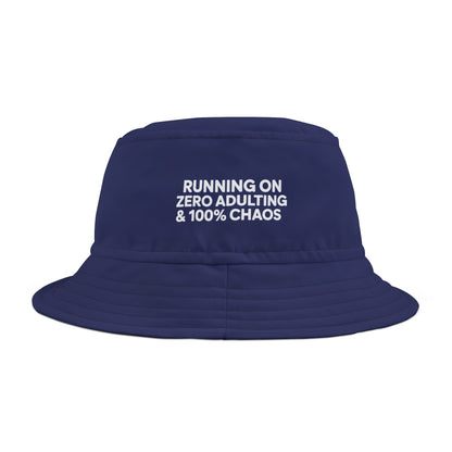 Funny sarcastic navy bucket hat with white text 'Running On Zero Adulting And 100% Chaos' on a white background. TEEZOCA