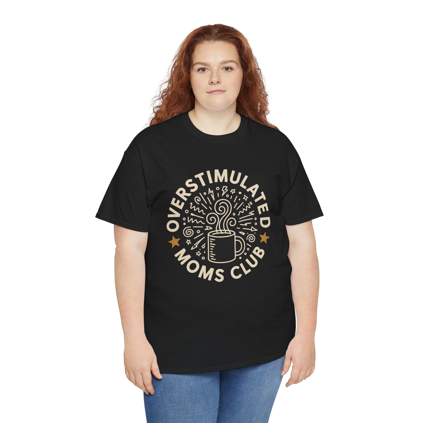 Woman wearing a black TEEZOCA “Overstimulated Moms Club” funny mom t‑shirt.