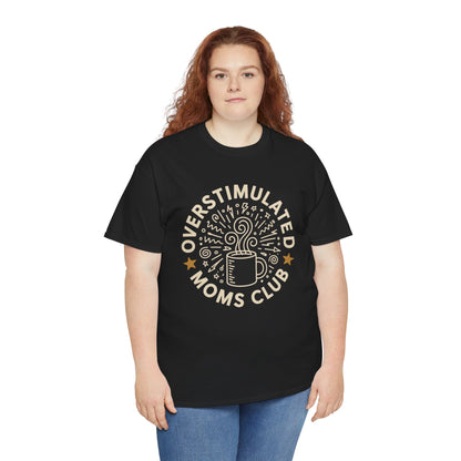 Woman wearing a black TEEZOCA “Overstimulated Moms Club” funny mom t‑shirt.