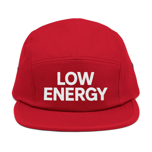 Red cap with 'LOW ENERGY' text on a white background. Low Energy embroidered text on five-panel cap minimalist design. TEEZOCA