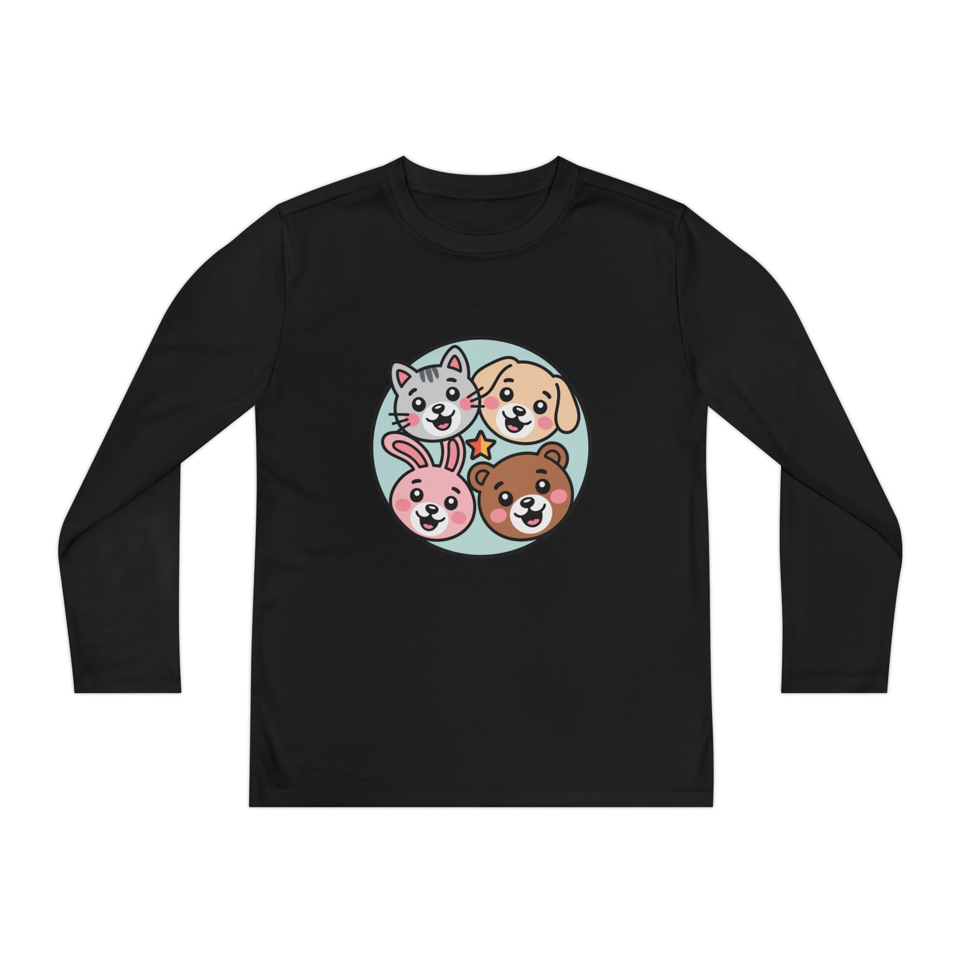 Kids Long Sleeve Tee — Cute Animal Friends Circle (Dog, Cat, Bunny, Bear) TEEZOCA
