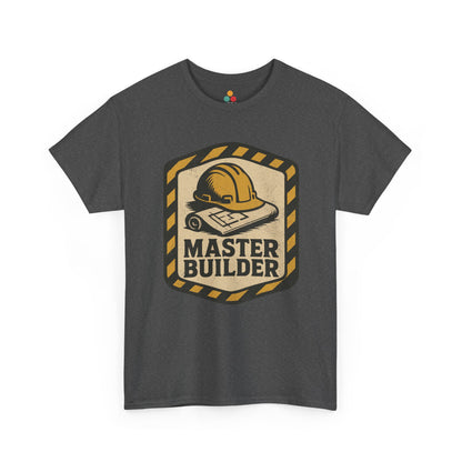 “Gray ‘Master Builder’ shirts with vintage construction badge graphic, flat front view.”

