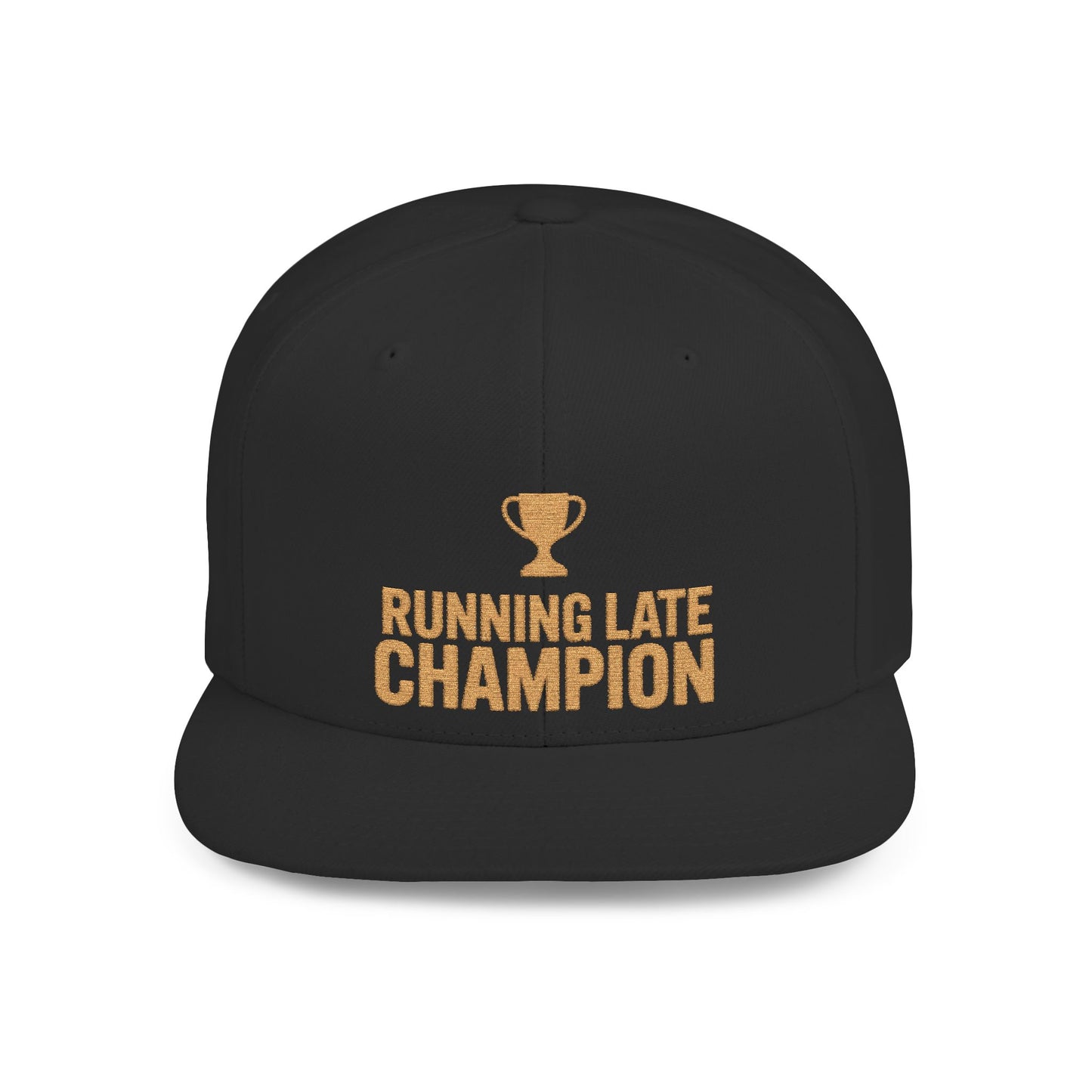 Black cap with 'Running Late Champion' text and trophy icon on a white background