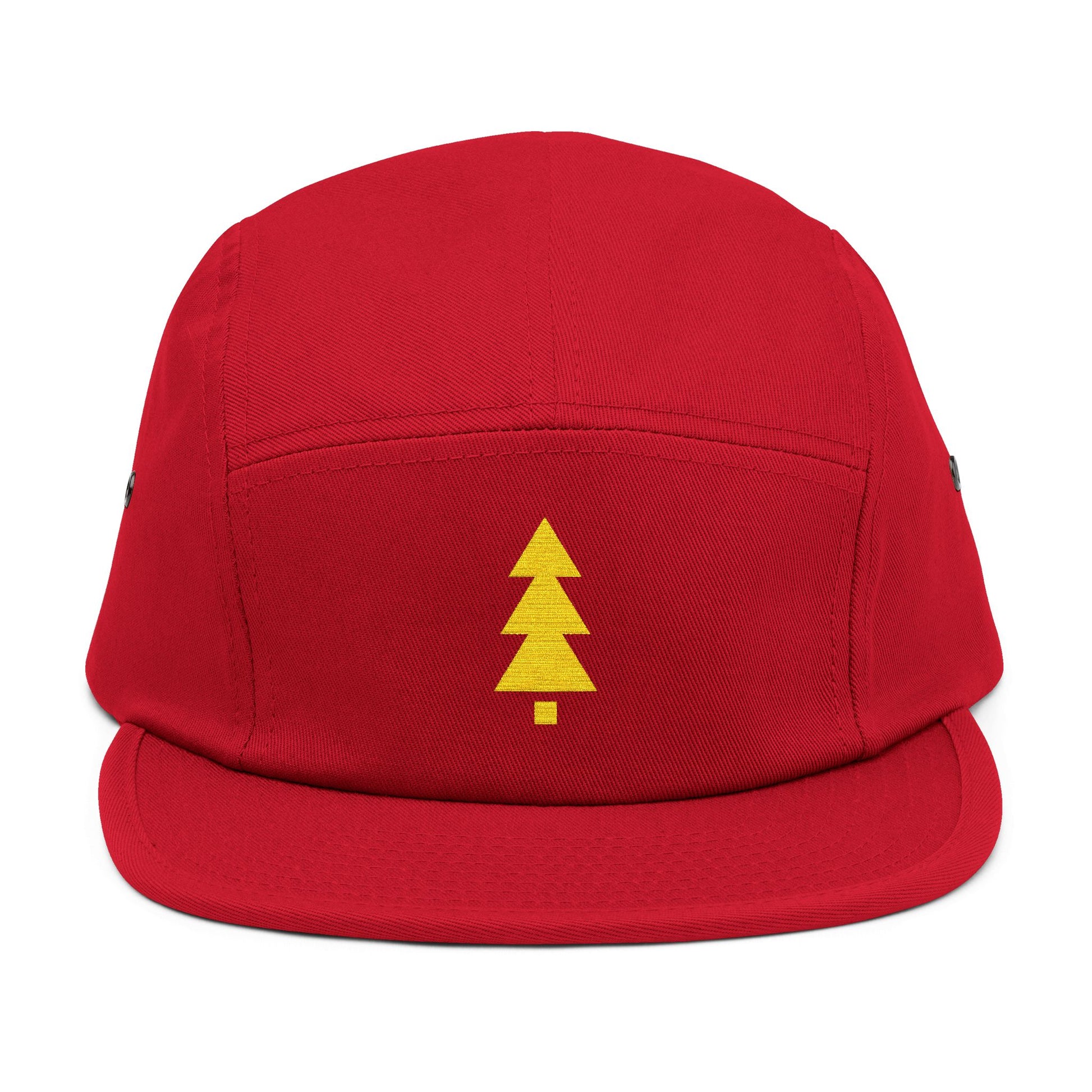 Red cap with a yellow tree logo on a white background. Clean modern holiday tree symbol designed for embroidery. TEEZOCA
