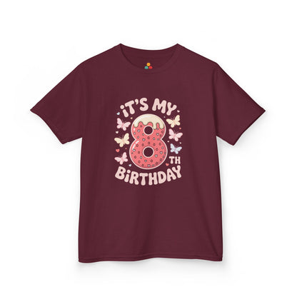 “Maroon ‘It’s My 8th Birthday’ shirt featuring pink donut 8 with butterflies, kids eighth birthday top, flat display.”

