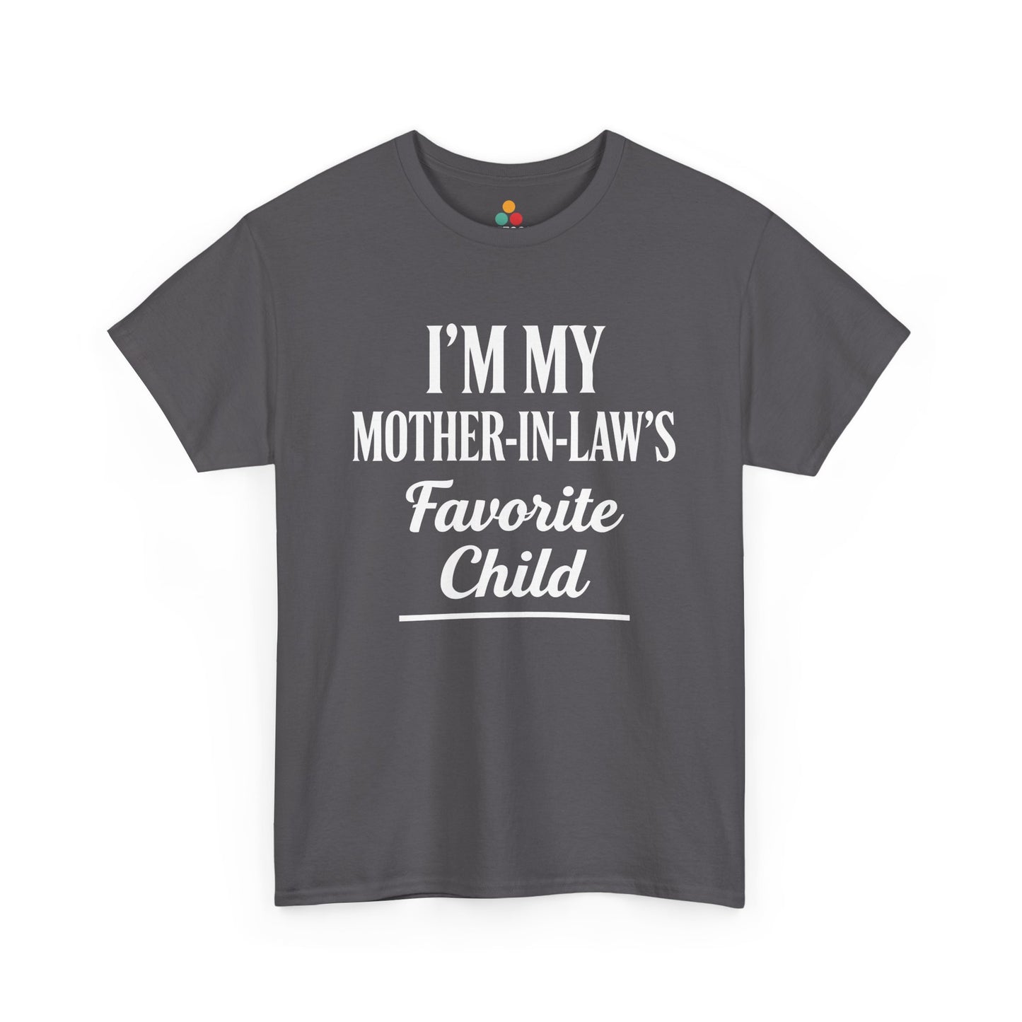 “Teezoca navy blue I’m My Mother‑In‑Law’s Favorite Child shirt, bold white wording, front.”


