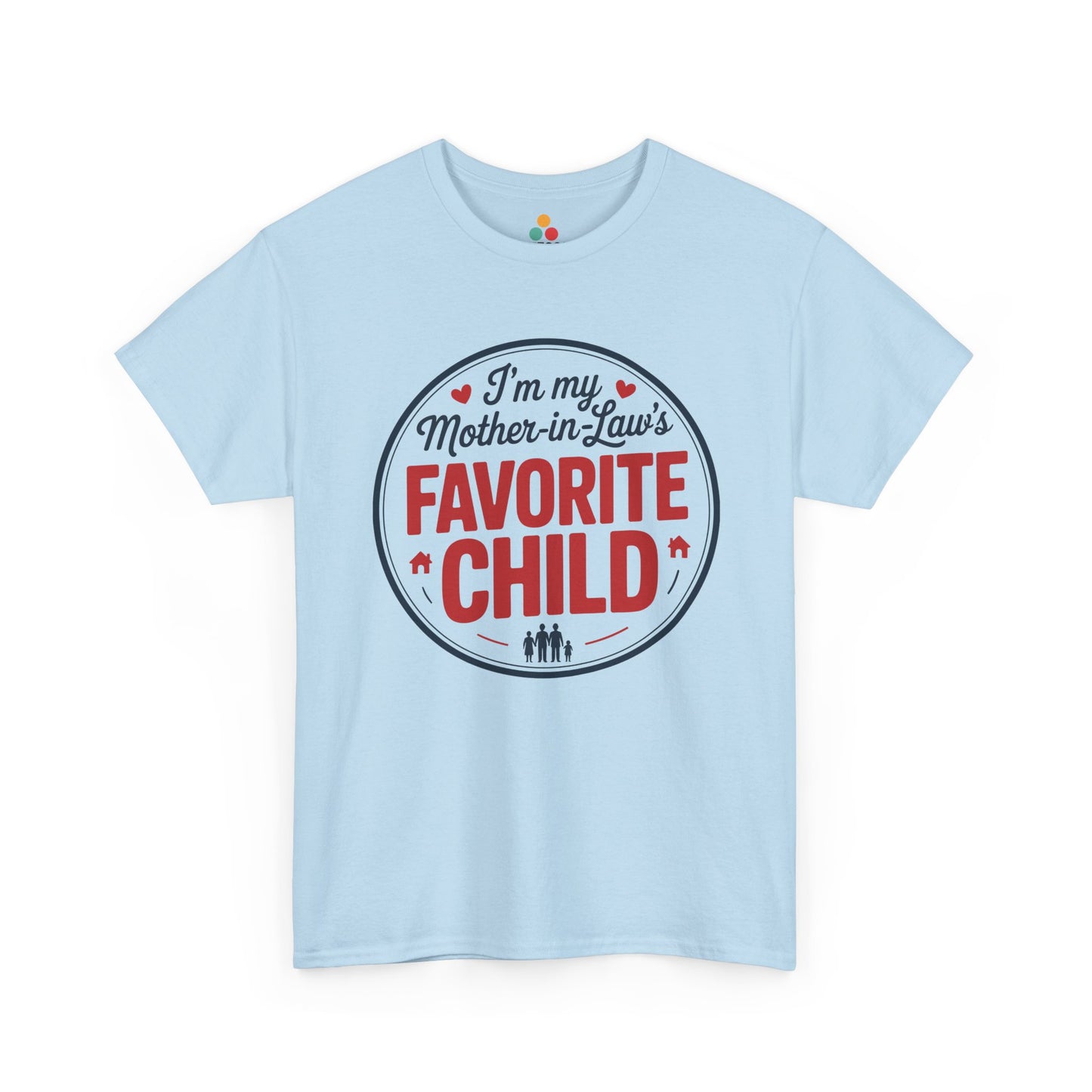 TEEZOCA light blue “I’m my Mother‑in‑Law’s Favorite Child” playful in‑law t‑shirt displayed flat.