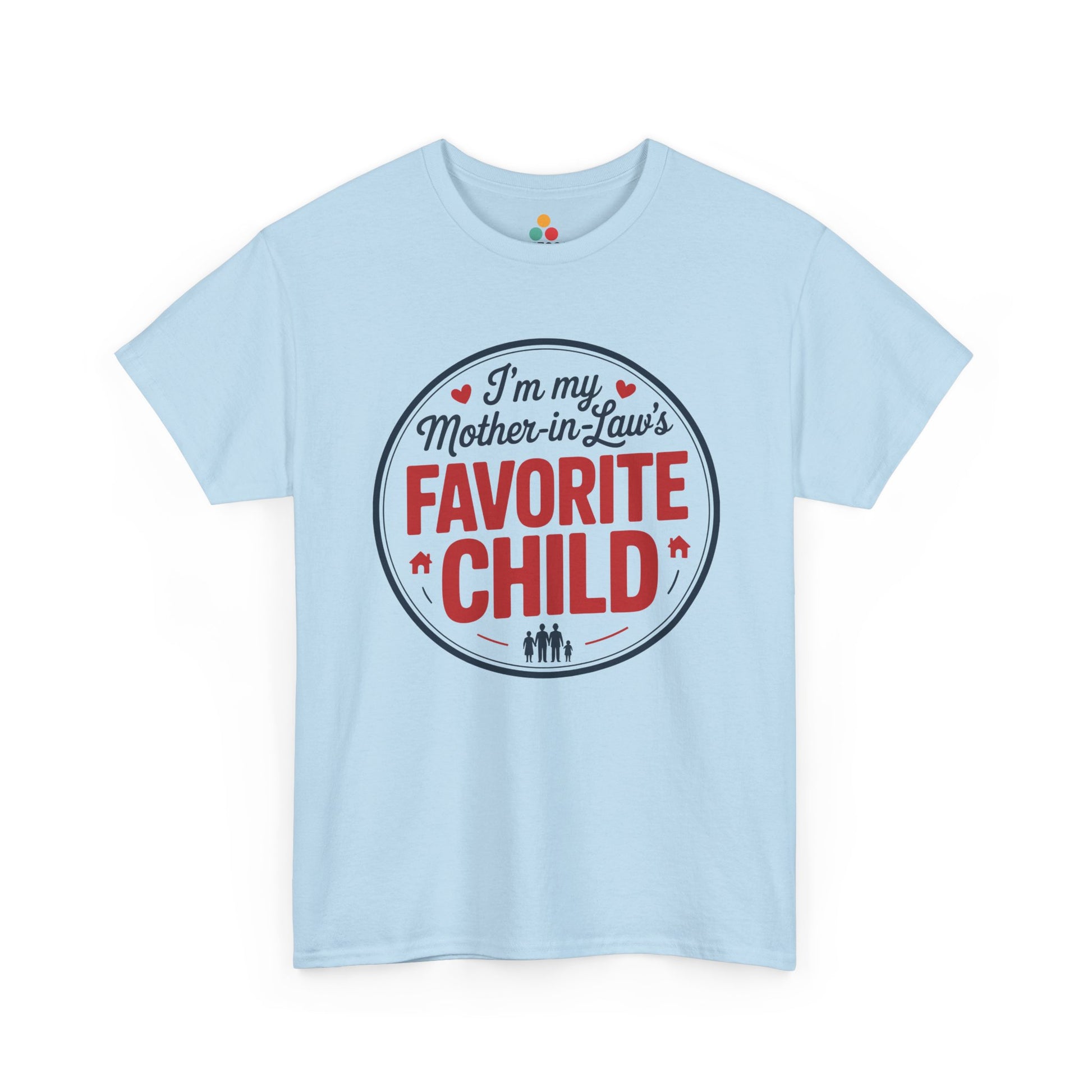 TEEZOCA light blue “I’m my Mother‑in‑Law’s Favorite Child” playful in‑law t‑shirt displayed flat.