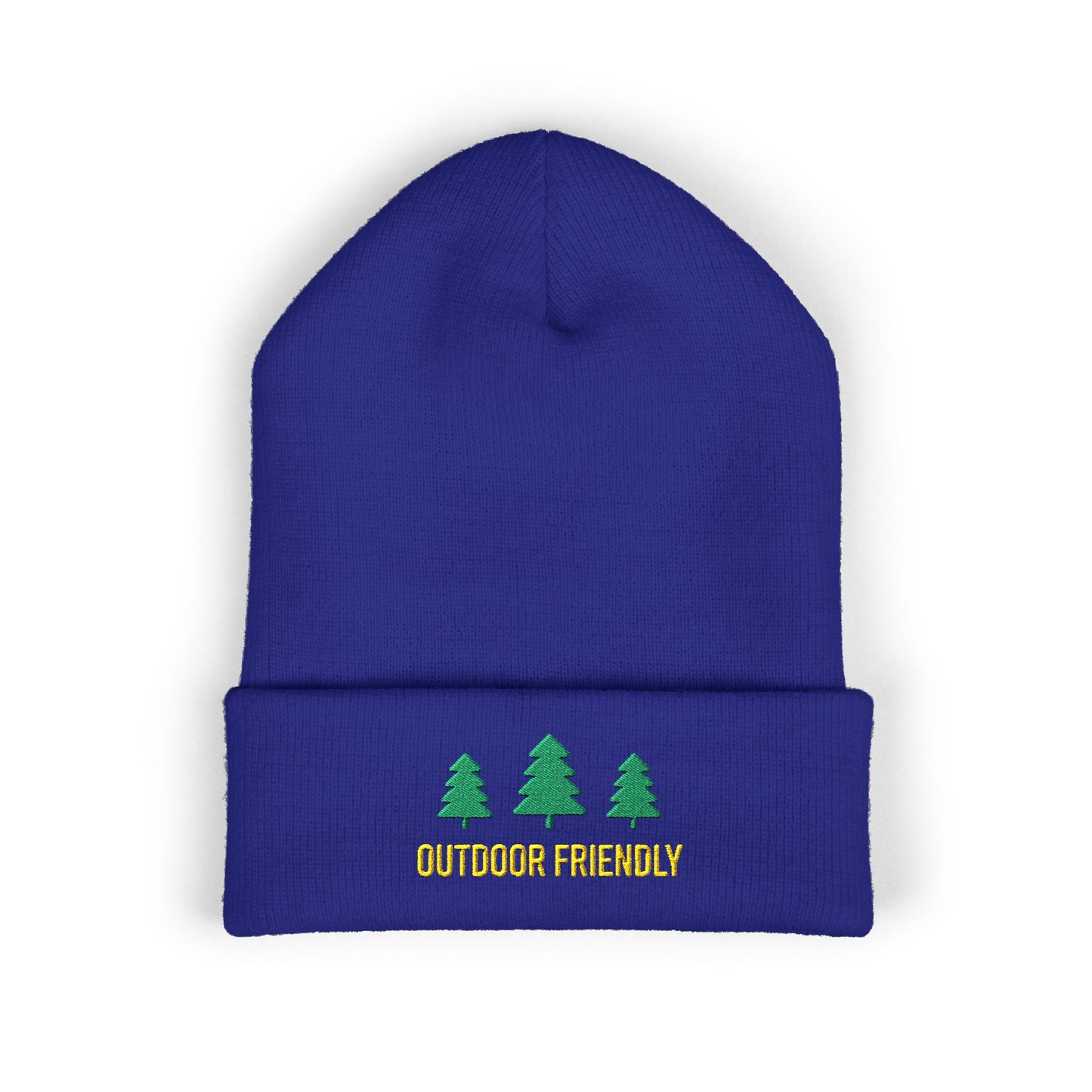 Blue beanie with 'Outdoor Friendly' text and tree graphics on a white background