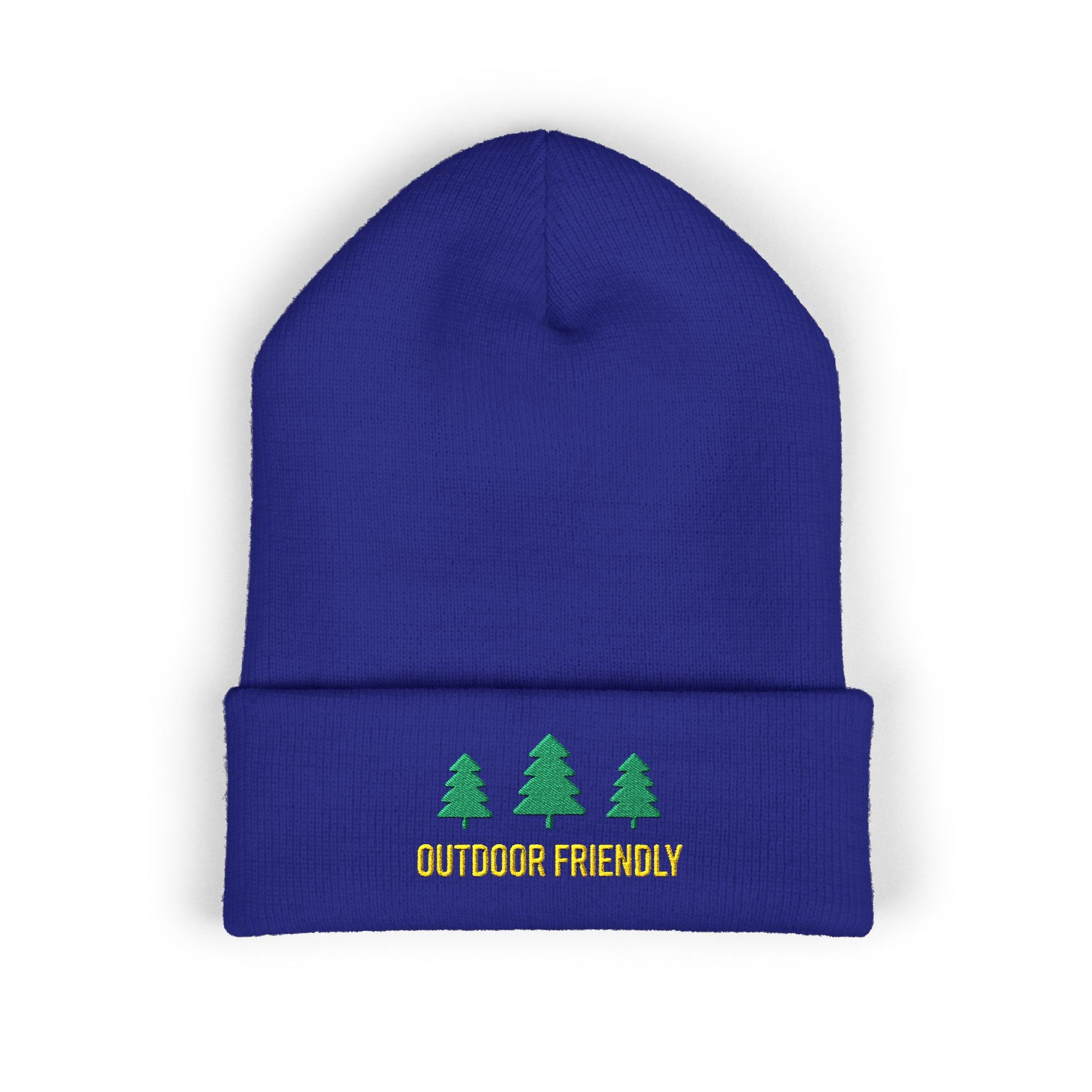 Blue beanie with 'Outdoor Friendly' text and tree graphics on a white background
