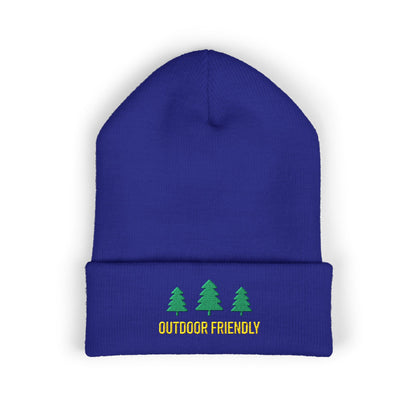 Blue beanie with 'Outdoor Friendly' text and tree graphics on a white background