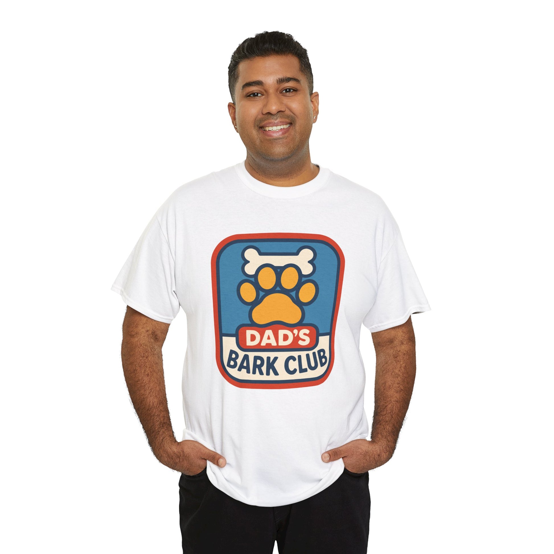 "Man wearing black 'Dad's Bark Club' dog paw and bone t‑shirt, front view."

