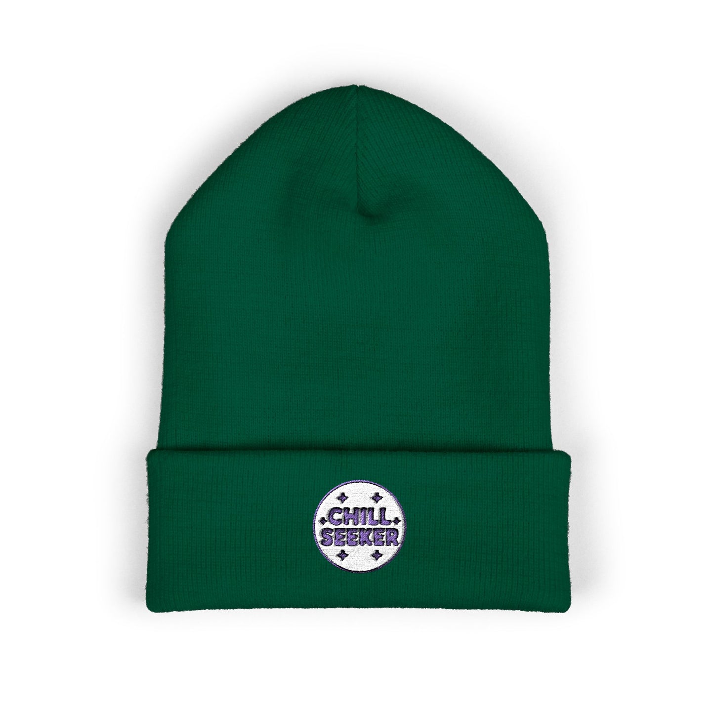 Green beanie with 'Chill Seeker' patch on a white background