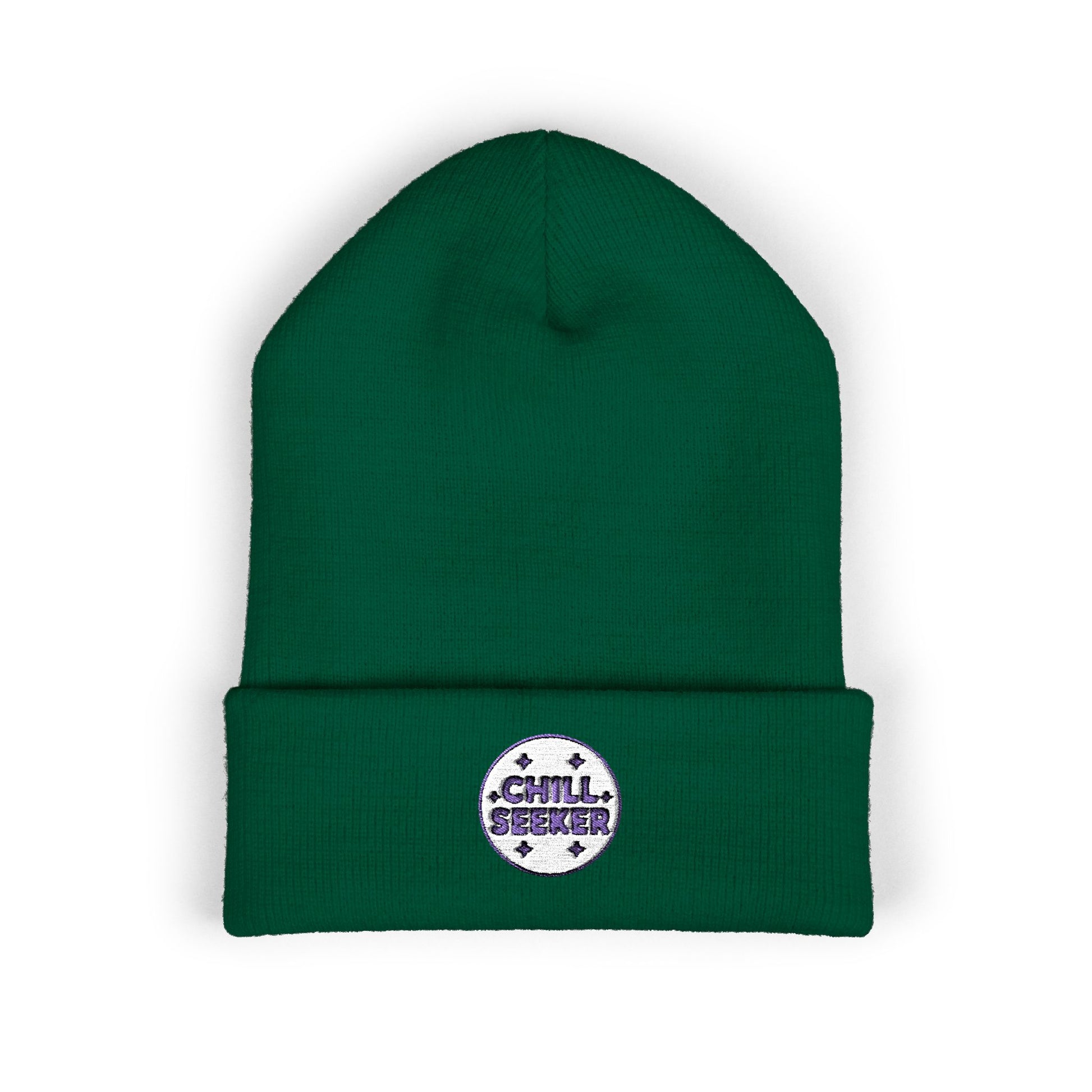 Green beanie with 'Chill Seeker' patch on a white background