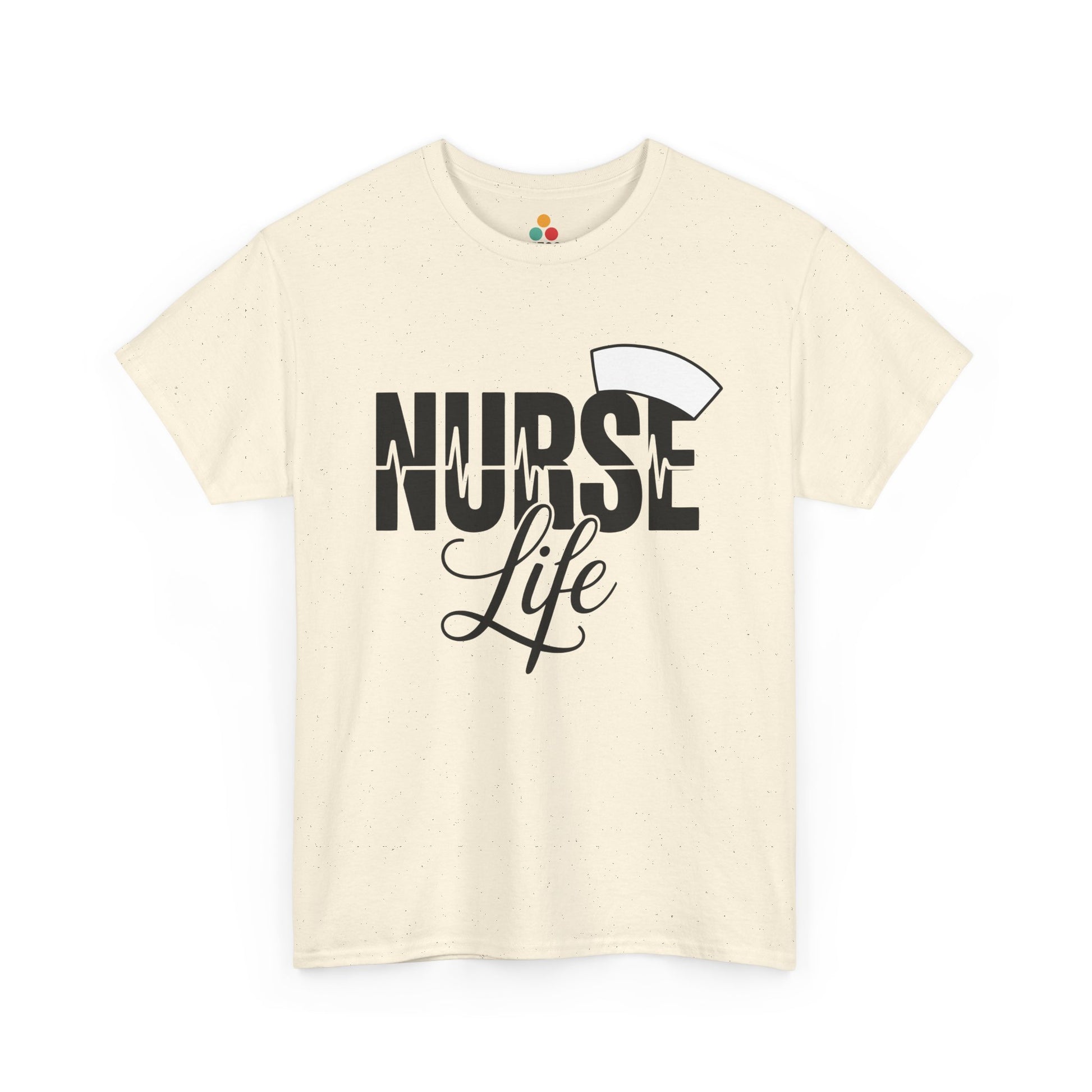 Beige t-shirt with 'Nurse Life' text and a nurse hat graphic on a white background